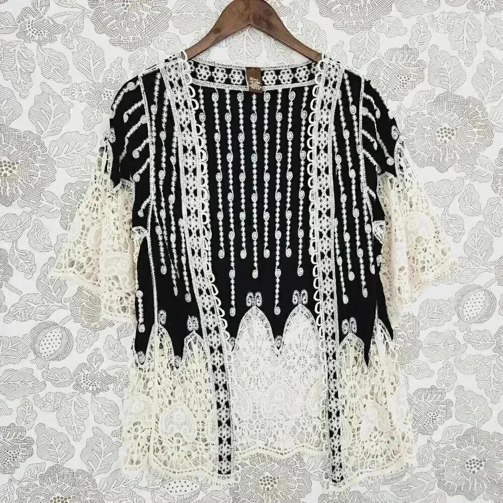 RAJ Crochet Embroidered Boho Open front Women's Cardigan One Size 8307